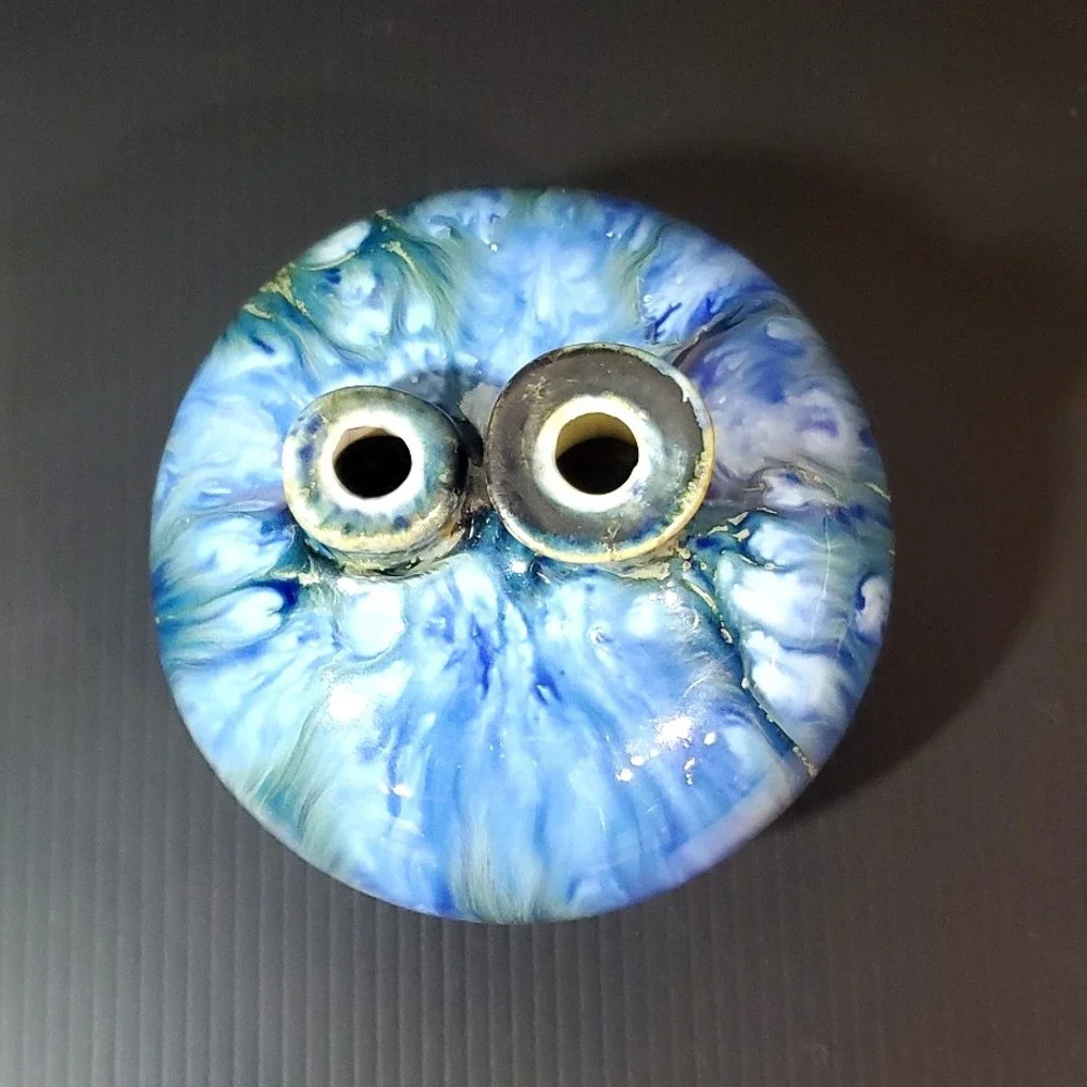 Blue and green glazed ceramic studio pottery vase small double bulbous bud‎ vase